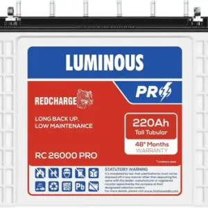 Luminous Red Charge RC 26000 PRO 220Ah 12V Tall Tubular Inverter Battery for Home, Office & Shops | Long Backup | Minimum Maintenance | Durable & Reliable | Easy Installation | 48M Warranty