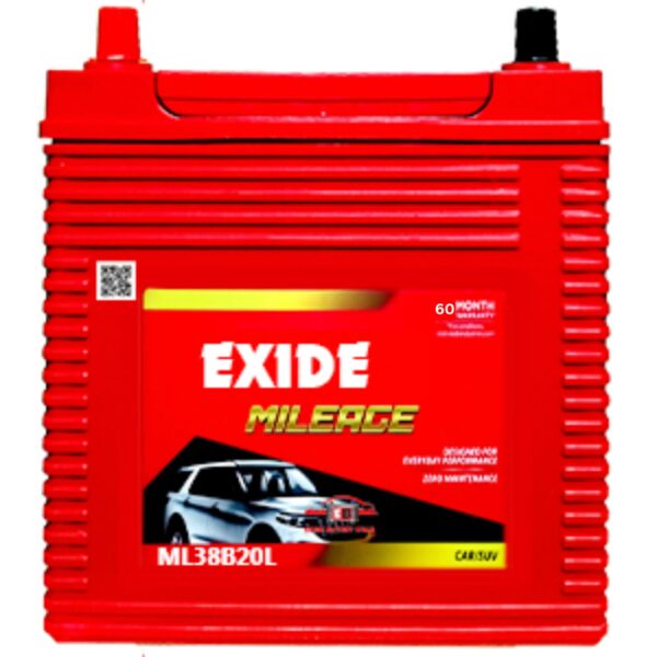 EXIDE ML38B20L/R 35Ah Car Battery – MILEAGE Series | 60 Months Warranty (30 FOC + 30 Pro-Rata) | Zero Maintenance | High Cranking Power for Cars & SUVs