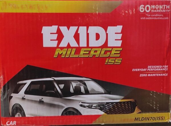 EXIDE MLDIN70(ISS) 70Ah Car Battery – MILEAGE Series | 60 Months Warranty (30+30) | Designed for Start-Stop Technology | Zero Maintenance | Reliable Power for SUVs & Cars - Image 2