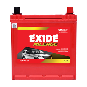 EXIDE ML45D21LBH, 45Ah Car Battery – MILEAGE Series | 60 Months Warranty (30 FOC + 30 Pro-Rata) | Zero Maintenance | High Cranking Power for Cars & SUVs